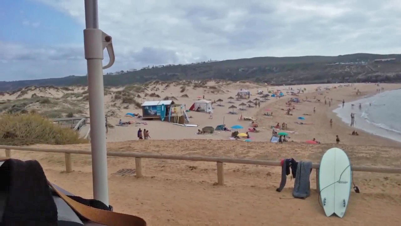 Surf shacks from Paraiso do Mar restaurant at Prai da Amoreira