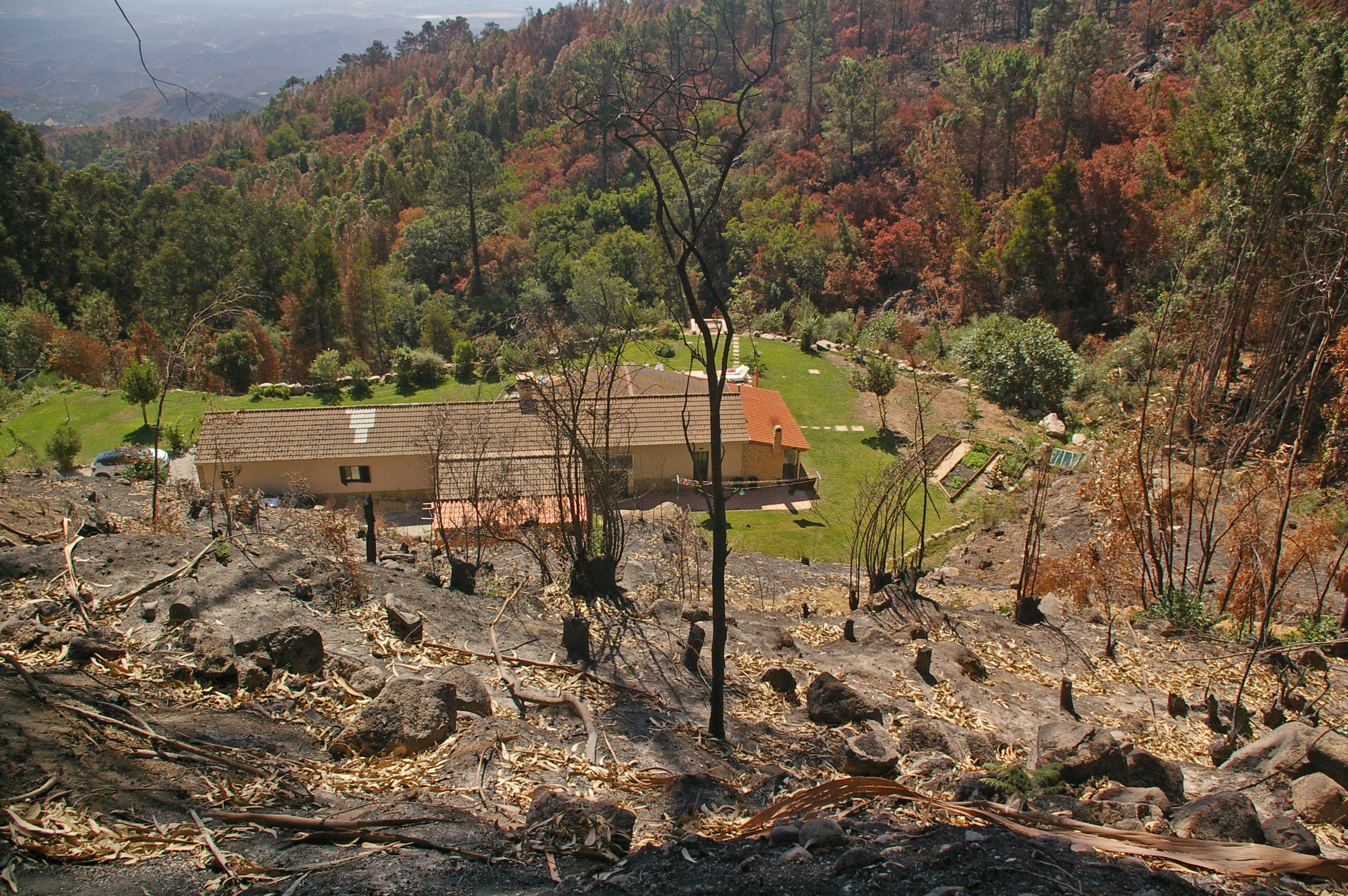 a home surrounded by wildfire damage near Foia, Monchique, Algarve, Portugal